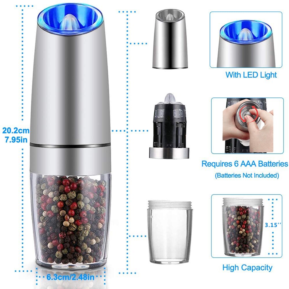BEEMAN Electric Salt and Pepper Grinder Stainless Steel Automatic Gravity Induction Pepper Mill Kitchen Spice Grinders Tools