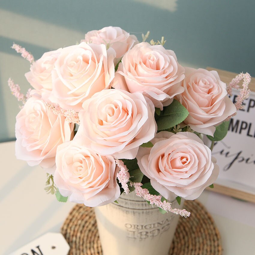 Ramo de rosas artificiales de seda púrpura, arreglo de flores de simulación para de boda, hogar, jardín, sala de estar, decoración de escritorio: Rosa claro