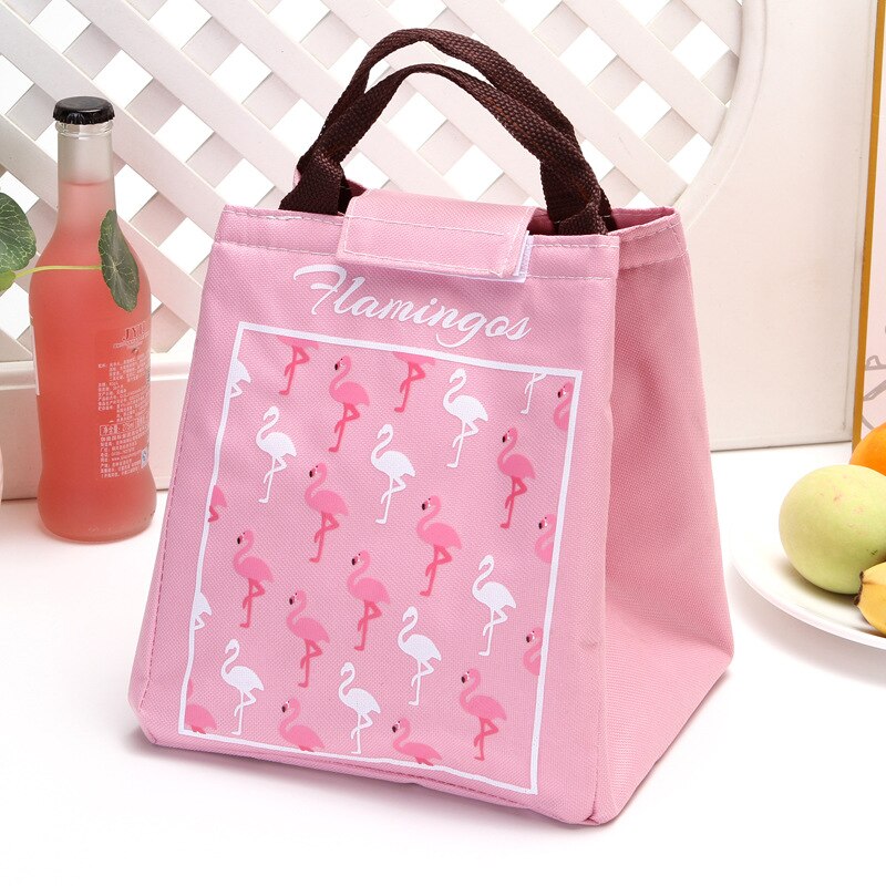 Portable Canvas Cold Proof Lunch Bag Student Cartoon Cute Aluminum Film Lunch Box: Pink flamingos