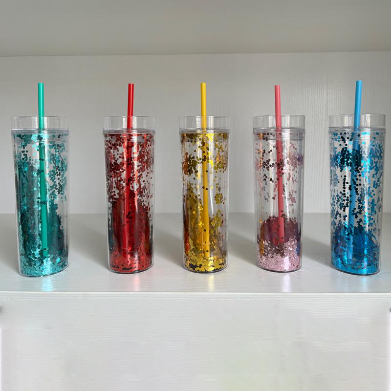 Double Layer Shiny Cup Transparent Plastic Cup 473ml/16oz Water Straw Cup Coffee Home Mug Cup Tumbler With Straw