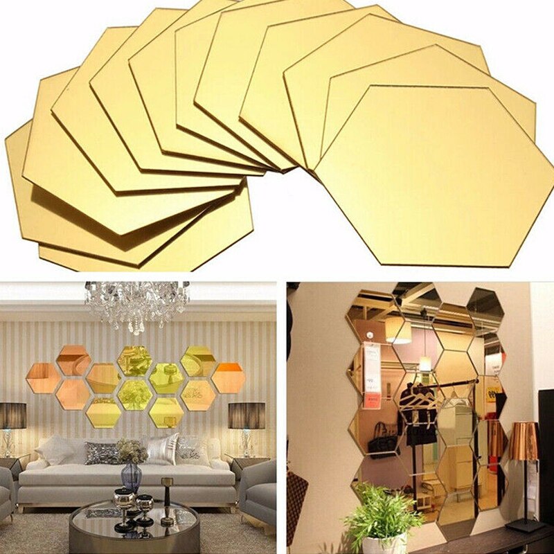Pegatina reflectante para espejo de pared, decoración artesanal de forma hexagonal de panal de abeja, pegatina decorativa para dormitorio, cocina y baño, 12 Uds.