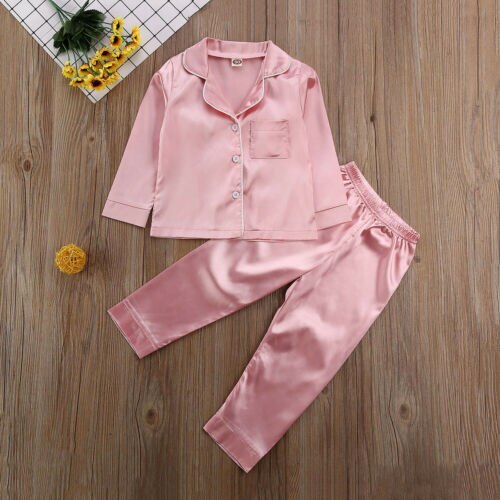 Kinderen satijnen pyjama's met knoopjes, peuters, babyjongens, meisjes, zijden pyjama's, pyjama's met satijnen set, nachtkleding voor kinderen, nachthemd