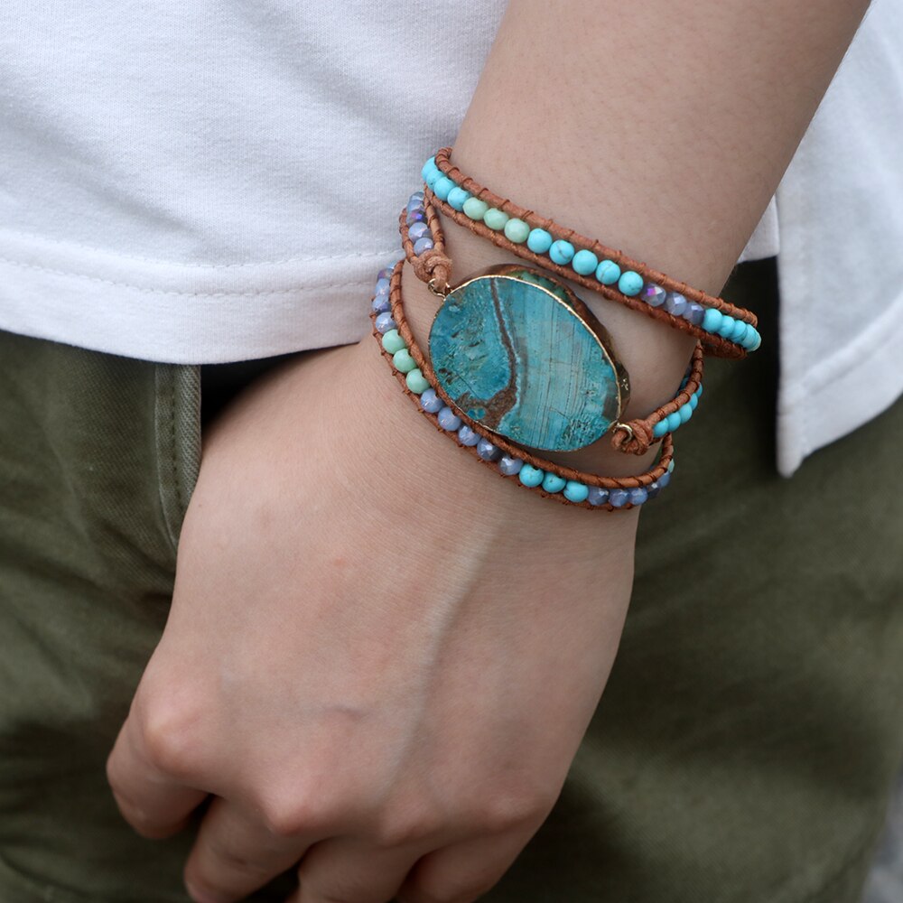 EDOTHALIA-pulsera de cuero con abalorios de piedra de mar para mujer y niña, brazalete de Amistad bohemio tejido a mano, Azul grande
