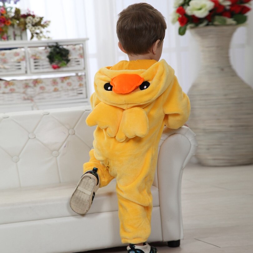 Animal bébé barboteuse jaune canard Bebe vêtements pour bébé garçon fille vêtements mignon flanelle dessin animé à capuche combinaison Costume