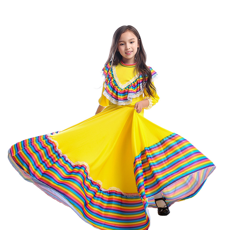 traje con mexicano niña largo amarillo Flamenco vestido falda de salón para niñas niños vestidos de baile disfraces para niños ropa