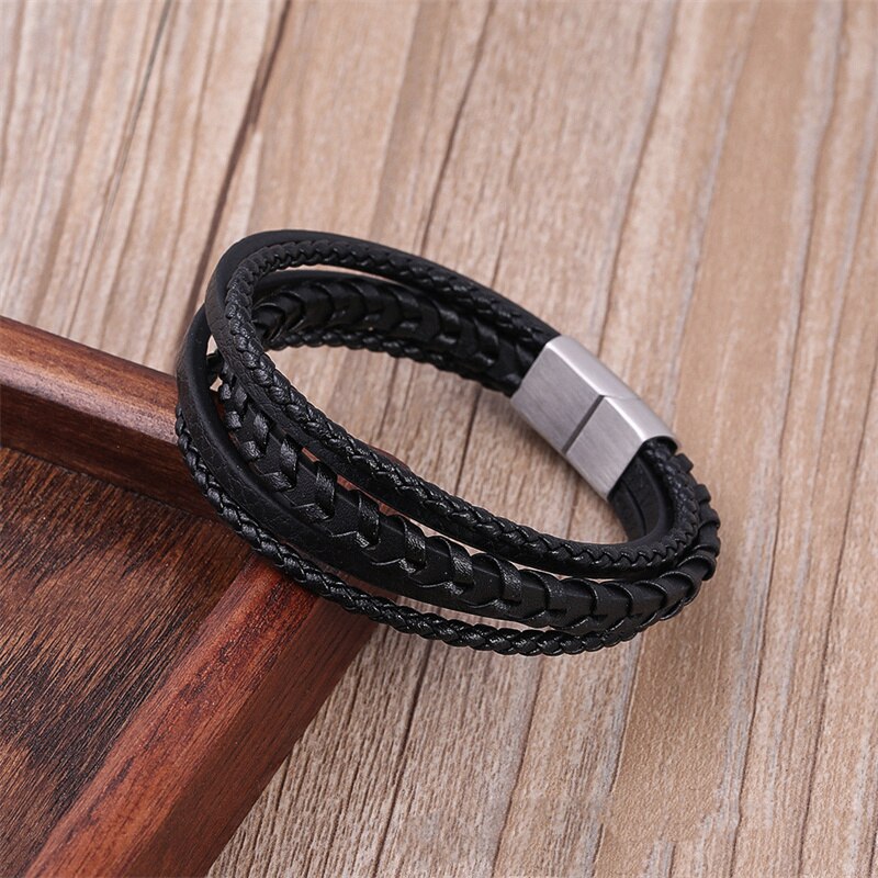 Lederen Mannen Armband Klassieke Roestvrij Staal Multi-layer Leren Armband Voor Mannen Sieraden: 1