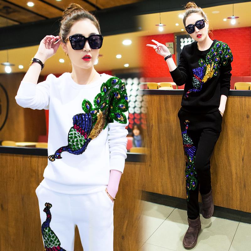 Spring Women's Casual Suits Female Peacock Phoenix Sequins Tracksuits Clothes Woman 2 Piece Set Plus Size