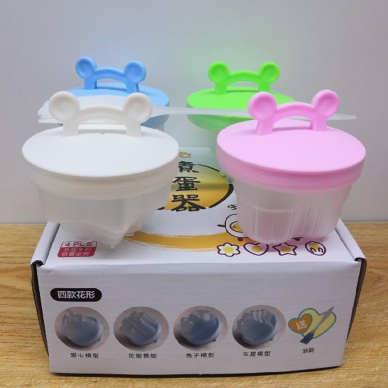 4 Pcs/Set Cute Egg Boiler Plastic Egg Poacher Set Kitchen Egg Cooker Tools Egg Mold Form With Lid Brush Pancake Maker