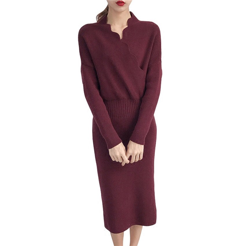 Autumn Winter Slim Knitted Sweater Long Dresses Sexy Sheath Bodycon Pencil Dress Mid-Calf Ruffles Slash Neck V-Neck Dress Mw017: Burgundy