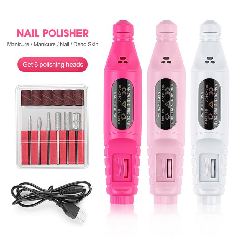 1 Set Nail Elektrische Machine Boor Kit Usb Opladen Manicure Machine Pedicure 6 Bits Schuren Buffer Nagelvijl Nail Art pen TSLM1