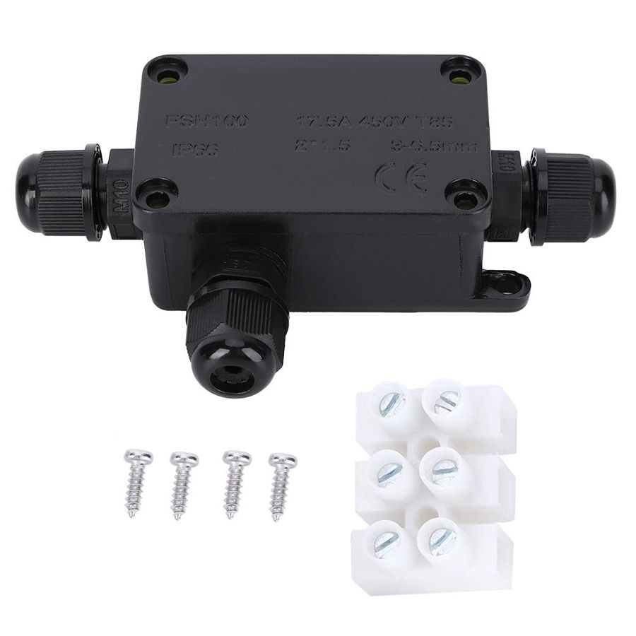 Waterproof Terminal Junction Box Black PC Mini 1 in 2 out for Outdoors IP66 3-6.5mm Wre Connector Junction Box