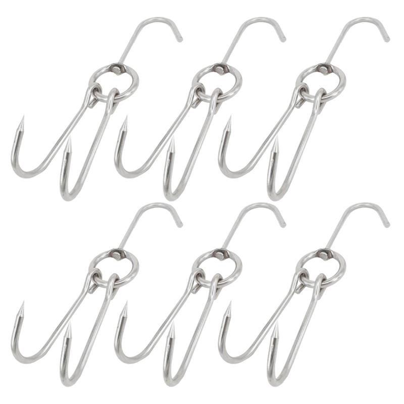 6 stk rustfrit stål dobbeltkød kroge tørring stegt andekrog bacon bøjle grill hængende rack  (3.5cm diameter 24.5cm længde)