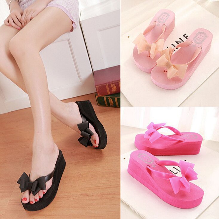 XEK nouvelle été femmes plate-forme tongs à talons hauts sandales de plage pantoufles à nœud papillon femmes chaussures Size36-40 pour le choix WFQ61