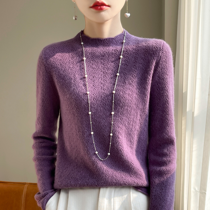 100%  damegenser i merinoull med halvhøy hals, ensfarget strikket hul genser til dame med lange ermer, sommertynn pullover: L / Lavendel