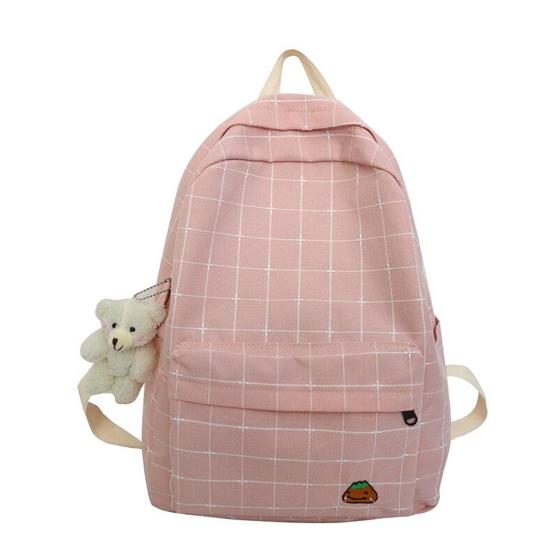 Dcimor Plaid Canvas Vrouwen Rugzak Vrouwelijke Prachtige Borduurwerk Schooltas Voor Tiener Meisjes Mochila Grote Capaciteit Reistas: pink / With bear pendant