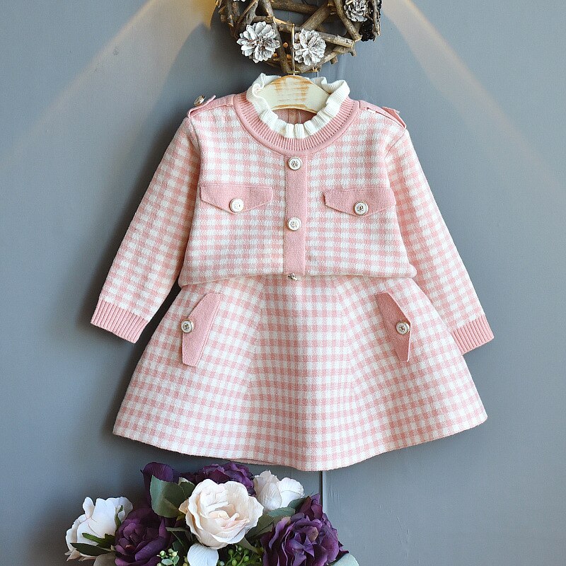Conjunto de ropa de punto para niña, suéter de manga larga, Top y falda, ropa de otoño e invierno