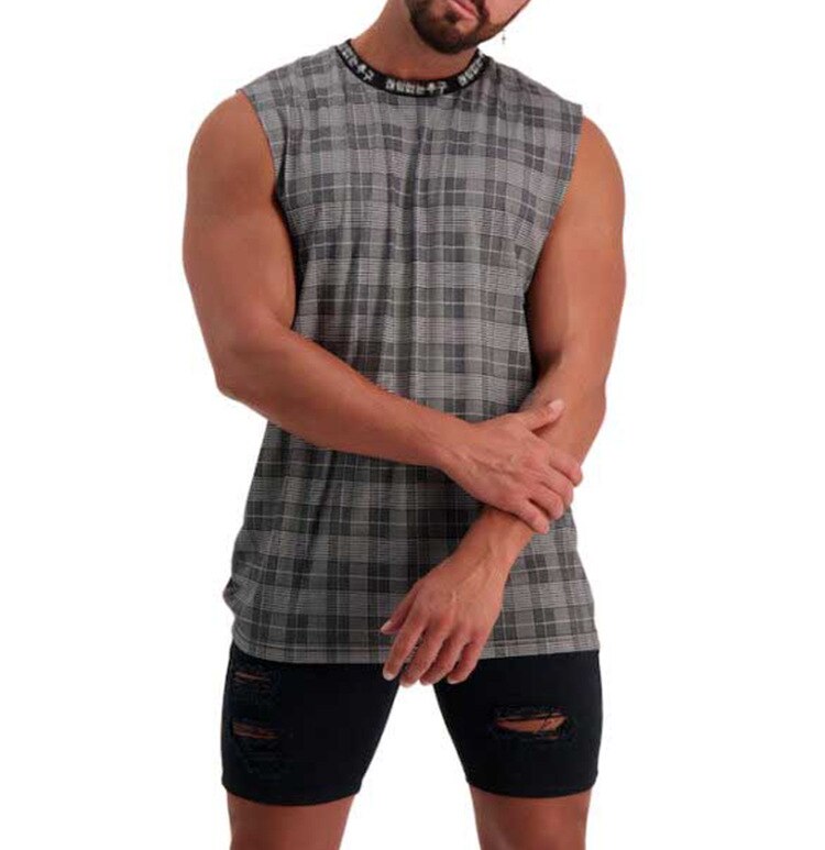Linne för män hip hop streetwear rutig skjorta ärmlös topp med hög hals t-shirt stringer linne bodybuilding: Grå / Xxxl