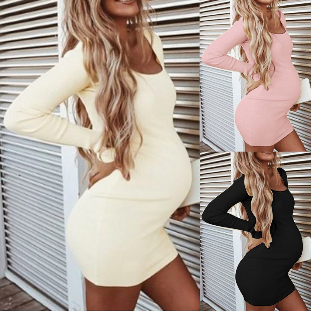 Vestidos de invierno para mujeres embarazadas, ropa de maternidad, cuello redondo, manga larga, sólido alto, elástico, suave, n. ° 4