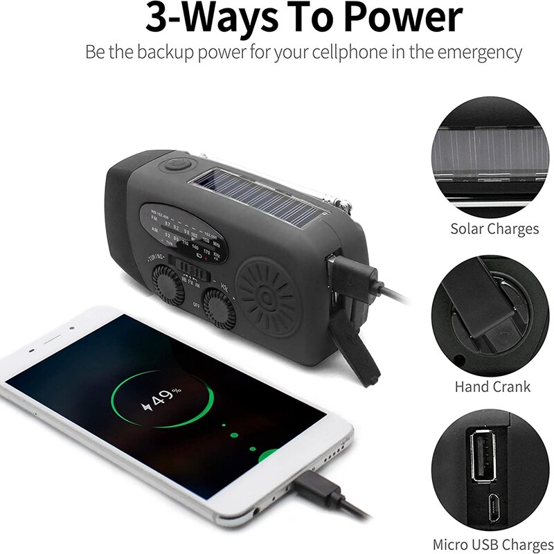Emergency Solar Hand Crank Radio Portable Self Powered AM/FM/NOAA Weather Radio LED Flashlight for Cell Phone Charger