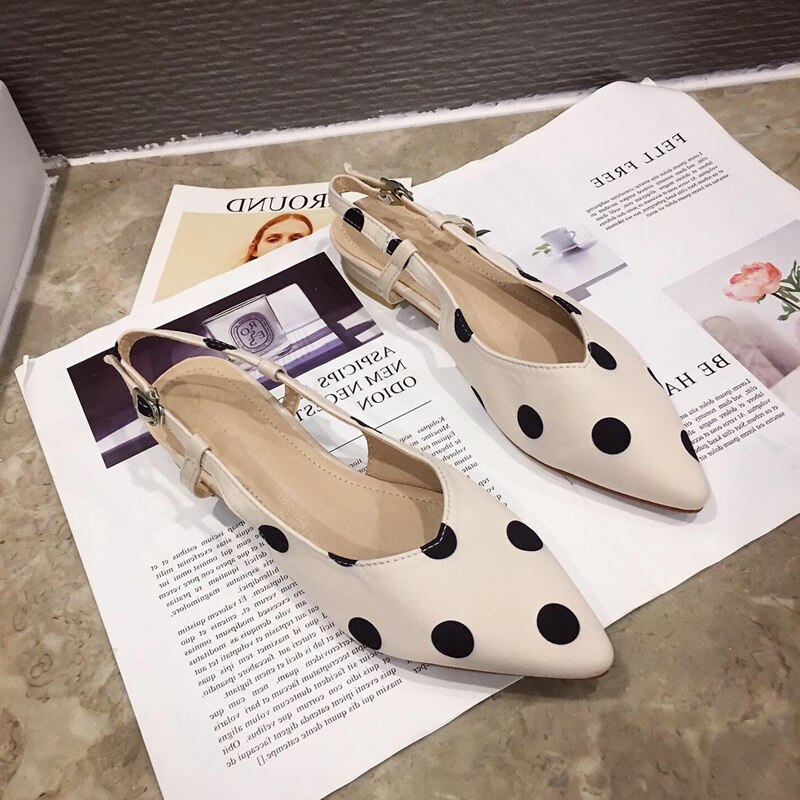 pointy toe cloth polka dot sandals brand shallow buckle slingback low heel women sandales trendy fairy dress shoes femme