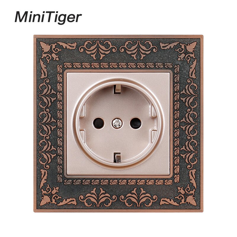 Minitiger 16A Eu Standaard Stopcontact 4D Embossing Retro Zinklegering Panel Stopcontact Ac 110 ~ 250V