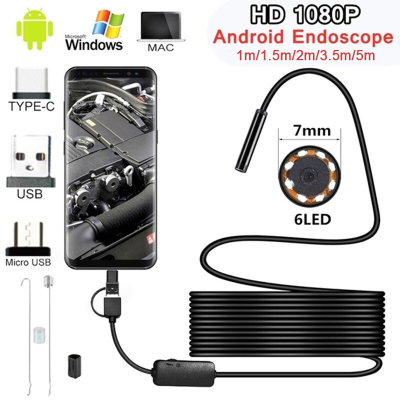 Endoscopio impermeable para teléfono Android, cámara de inspección por boroscopio, 7mm, 6 LED,