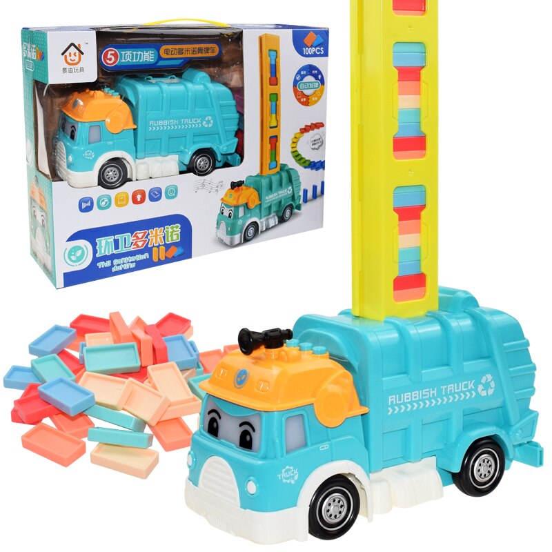 Automatische Verlegung Domino Ziegel Zug Auto einstellen Klang Licht freundlicher Bunte Kunststoff Dominosteine Blöcke Spiel Spielzeug Auto für freundlicher: Blau mit Kasten