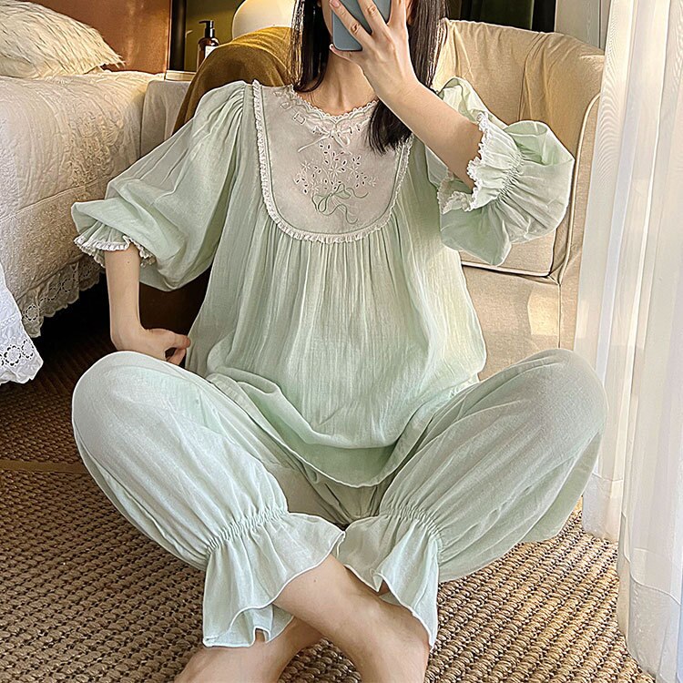 1 Set Women‘s Sleepwear Spring Green Color Pajama Sets Vintage Ladies Girl&#39;s Princess French Style Pyjamas Set Nightwear Nightie: Green / S