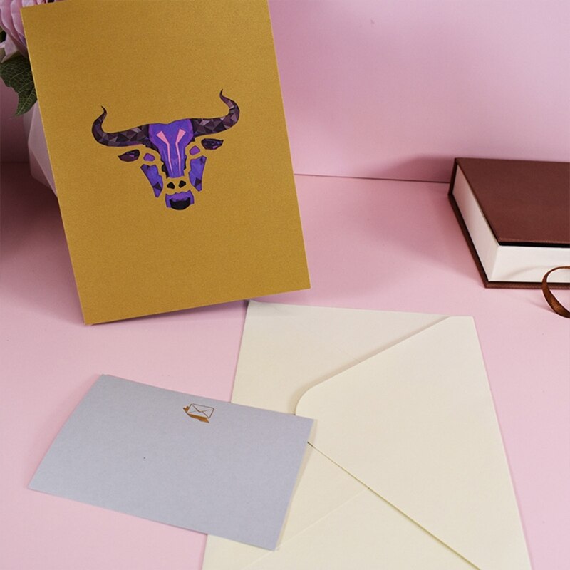 3D Pop-Up Animal Cattle Greeting Card Chinese Year Cow Postcard for Happy Birthday Kids Baby Shower with Envelope