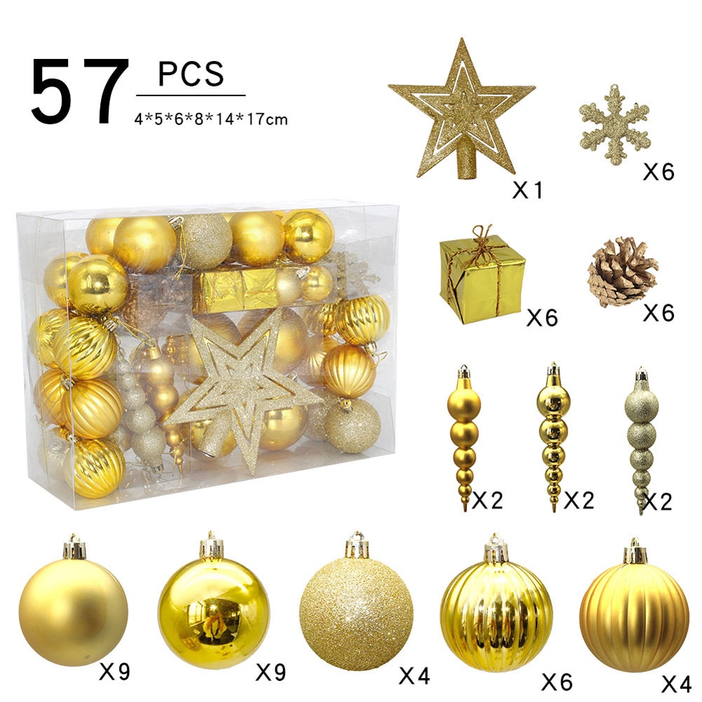 57 stuks kerstboomversieringen, diverse gouden sterballen, sneeuwvlokken, ornamenten voor festivals en feesten