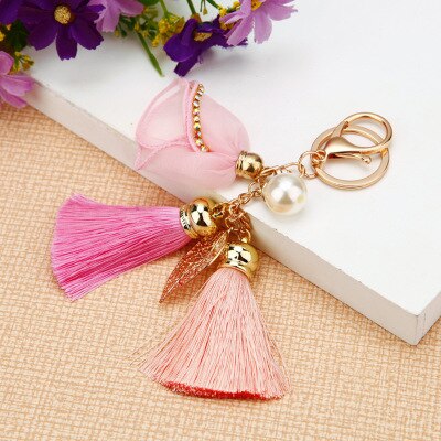 Fancy&Fantasy Flower Key ring Chiffon Tassel Car keychains Lady Couple Bag Ornaments Charm Flower Keychain