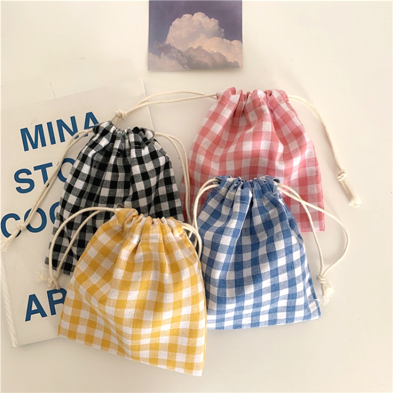 Cotton Fabric Lattice Drawstring Storage Pouch Packaging Bag Underwear Socks Jewelry Organizer Christmas Bag