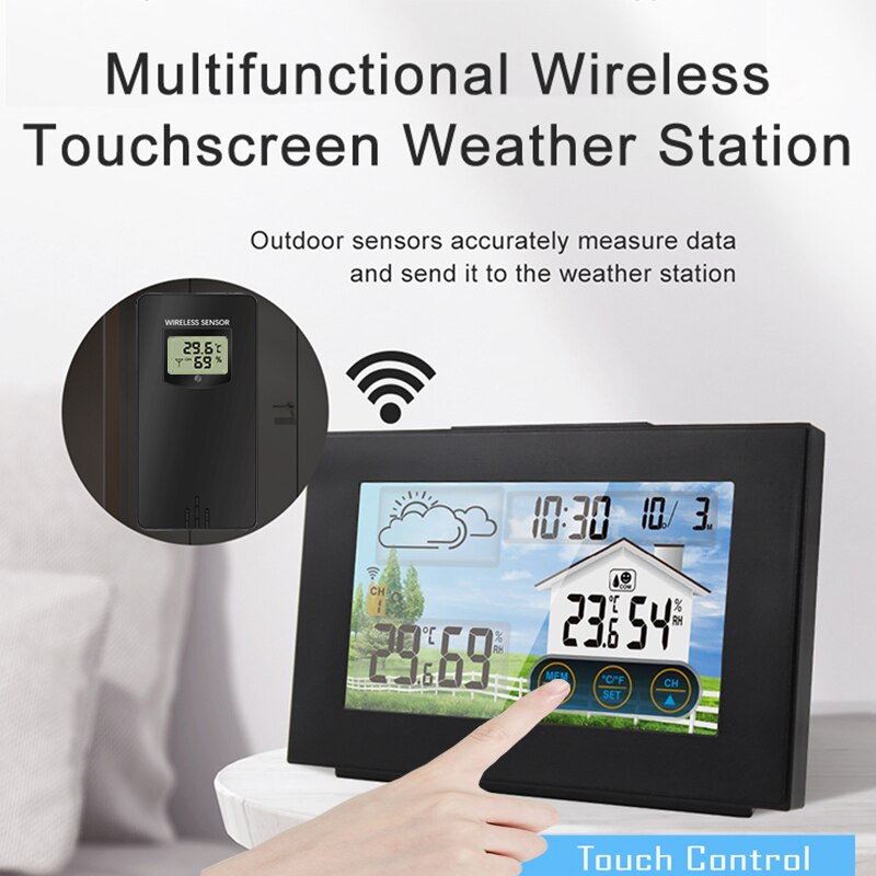 Touch Screen Wireless Weather Station Outdoor Sensor Digital Thermometer Hygrometer Weather Forecast Alarm Clock Barometer