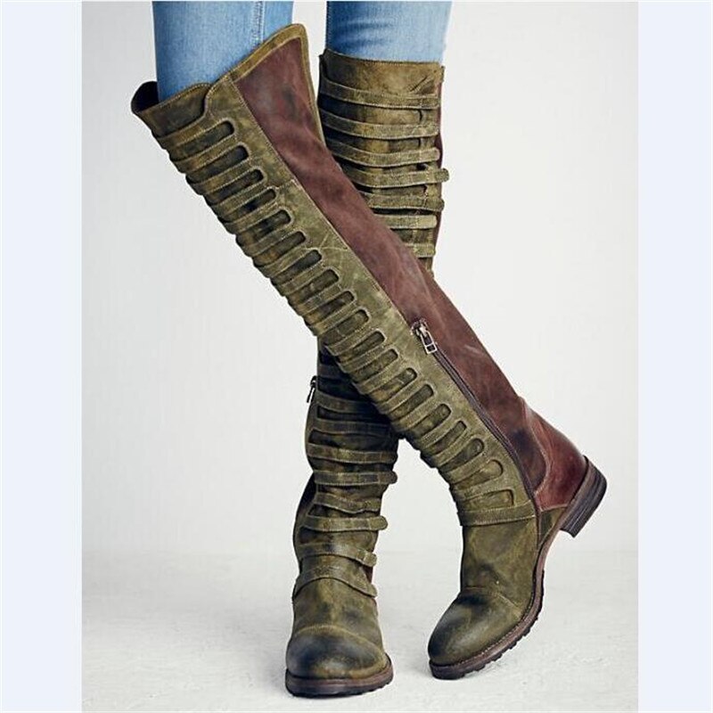 Top Army Green Long Boots Women Punk Style Flat Motorcycle Boots Patchwork Stretch Over The Knee Boots Womens