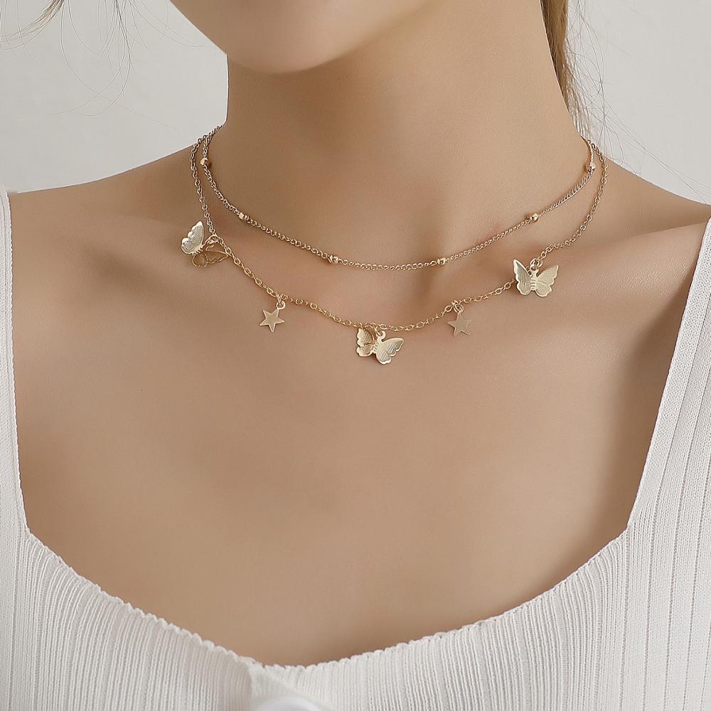 Mooie Vlinder Hanger Ketting Goud Dubbele Kralen Ketting Verklaring Choker Ketting Voor Vrouwen Sieraden Accessoires