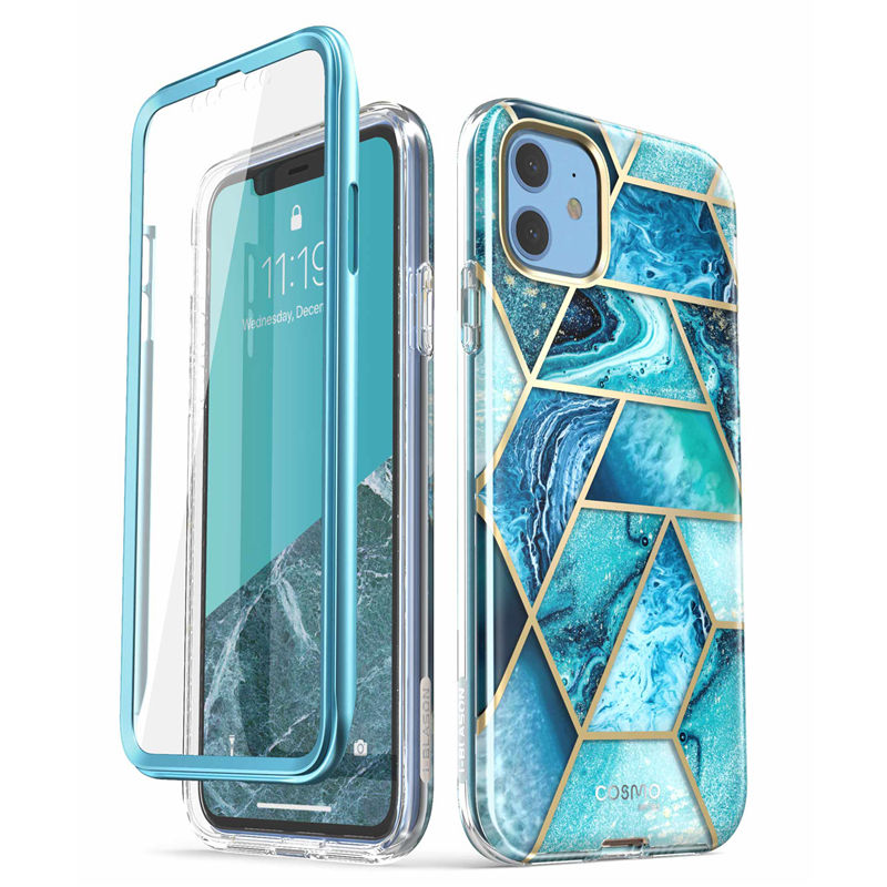 i-Blason For iPhone 11 Case 6.1 inch Release) Cosmo Full-Body Glitter Marble Bumper Cover with Built-in Screen Protector: Ocean