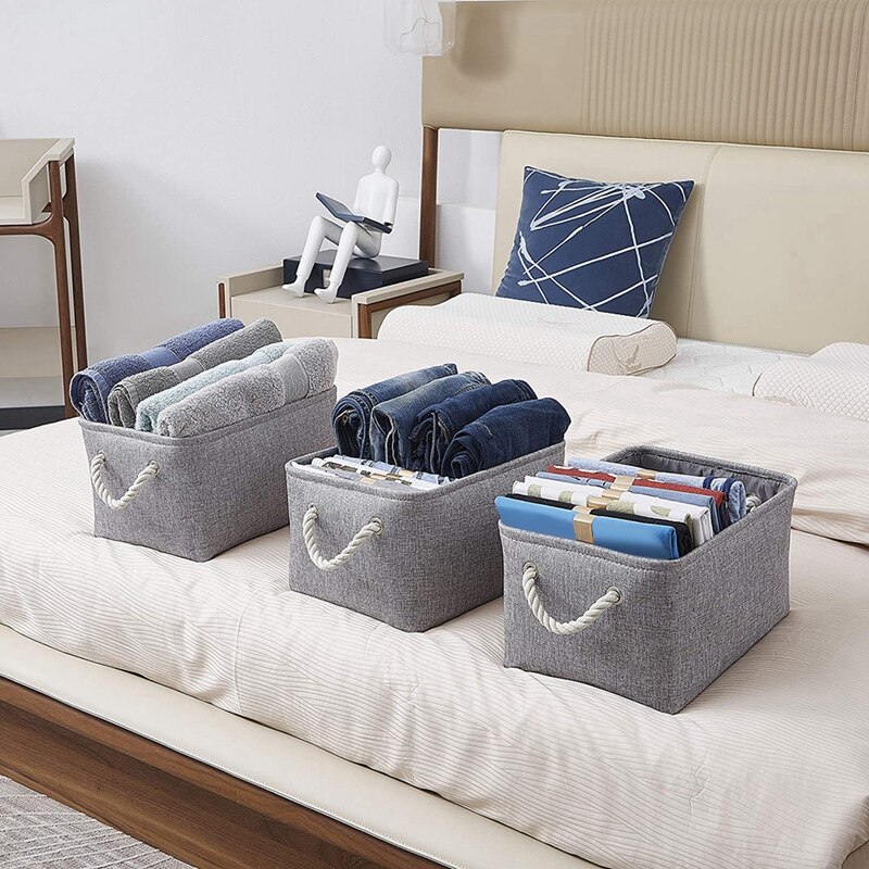 Fabric Storage Box, Foldable Linen Large Storage Baskets for Nursery, Closet and Wardrobe, Set of 3, Gray