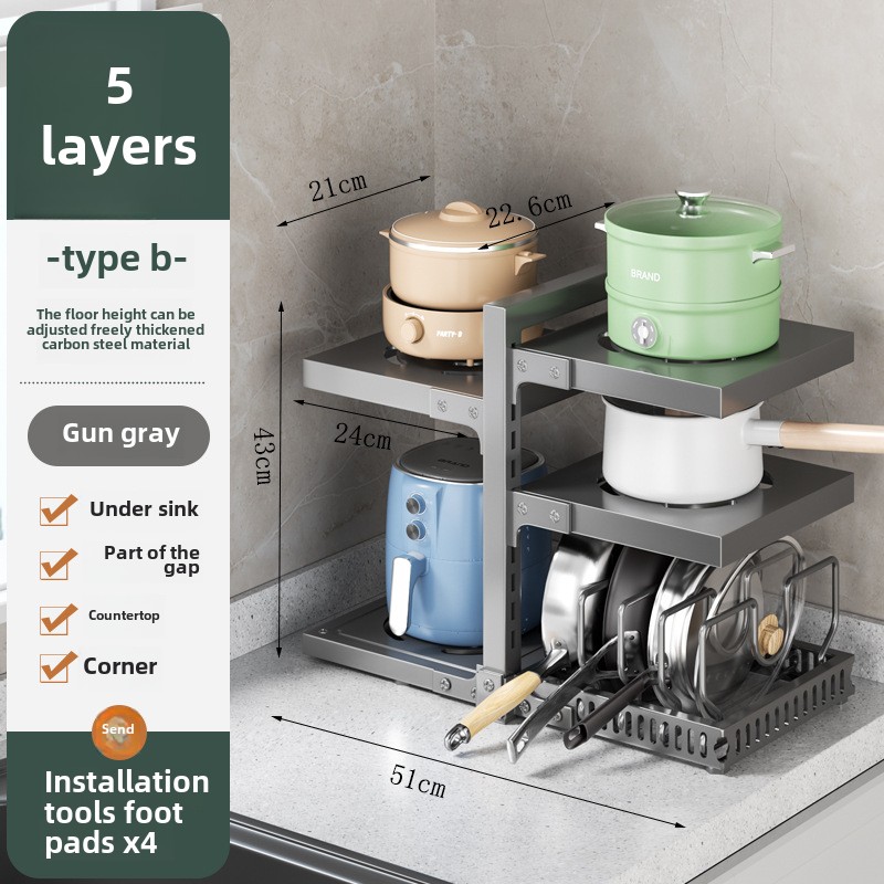 Mehrschichtiges Küchenregal unter der Spüle, Schrank, Topfregal mit mehrschichtigem Lagerregal, auf der Arbeitsplatte genähtes Topfdeckelregal: Rosa