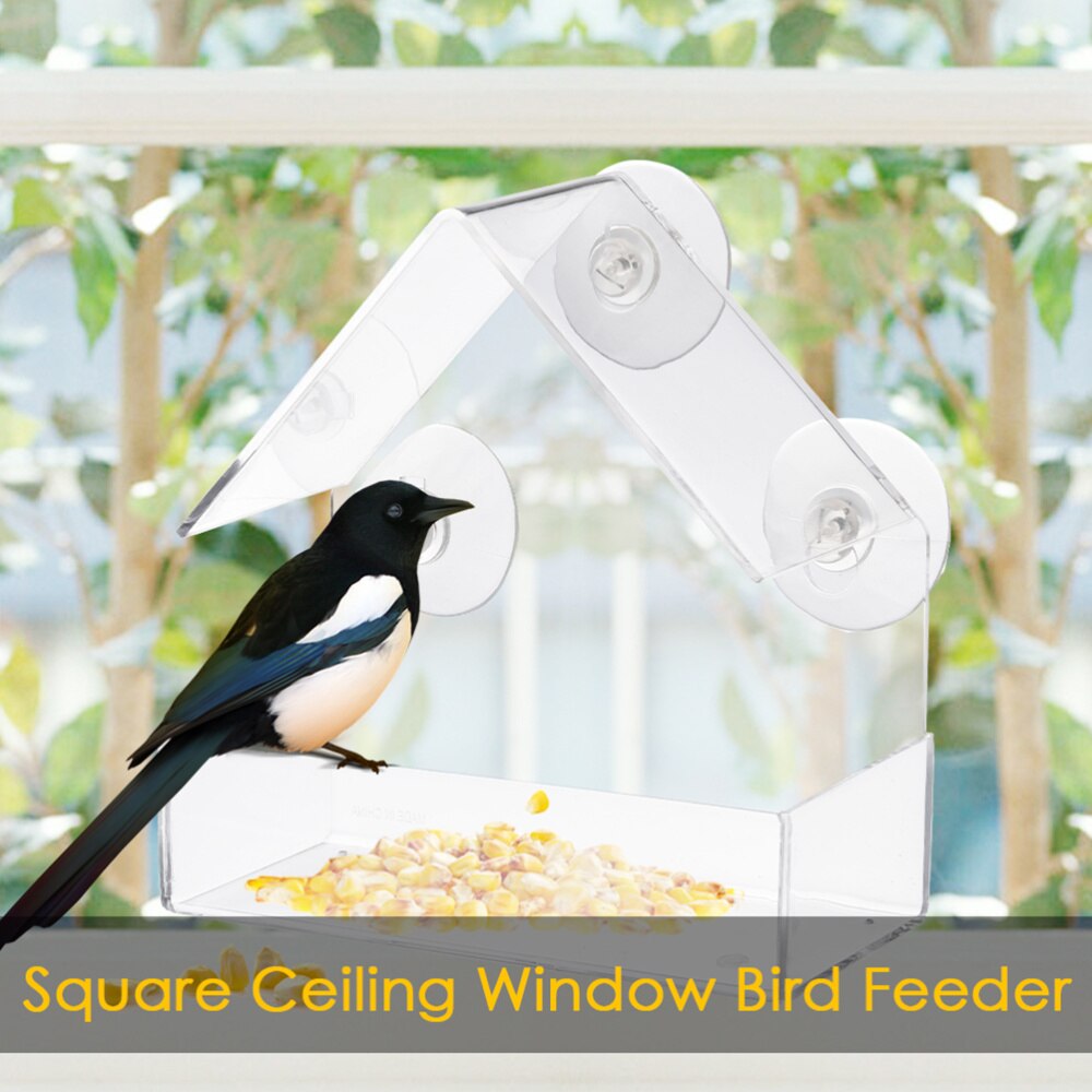 Clear Window Bird Feeder Large Wild Bird Feeder Triangle Shaped Removable Tray With Drain Holes Super Strong Suction Cups