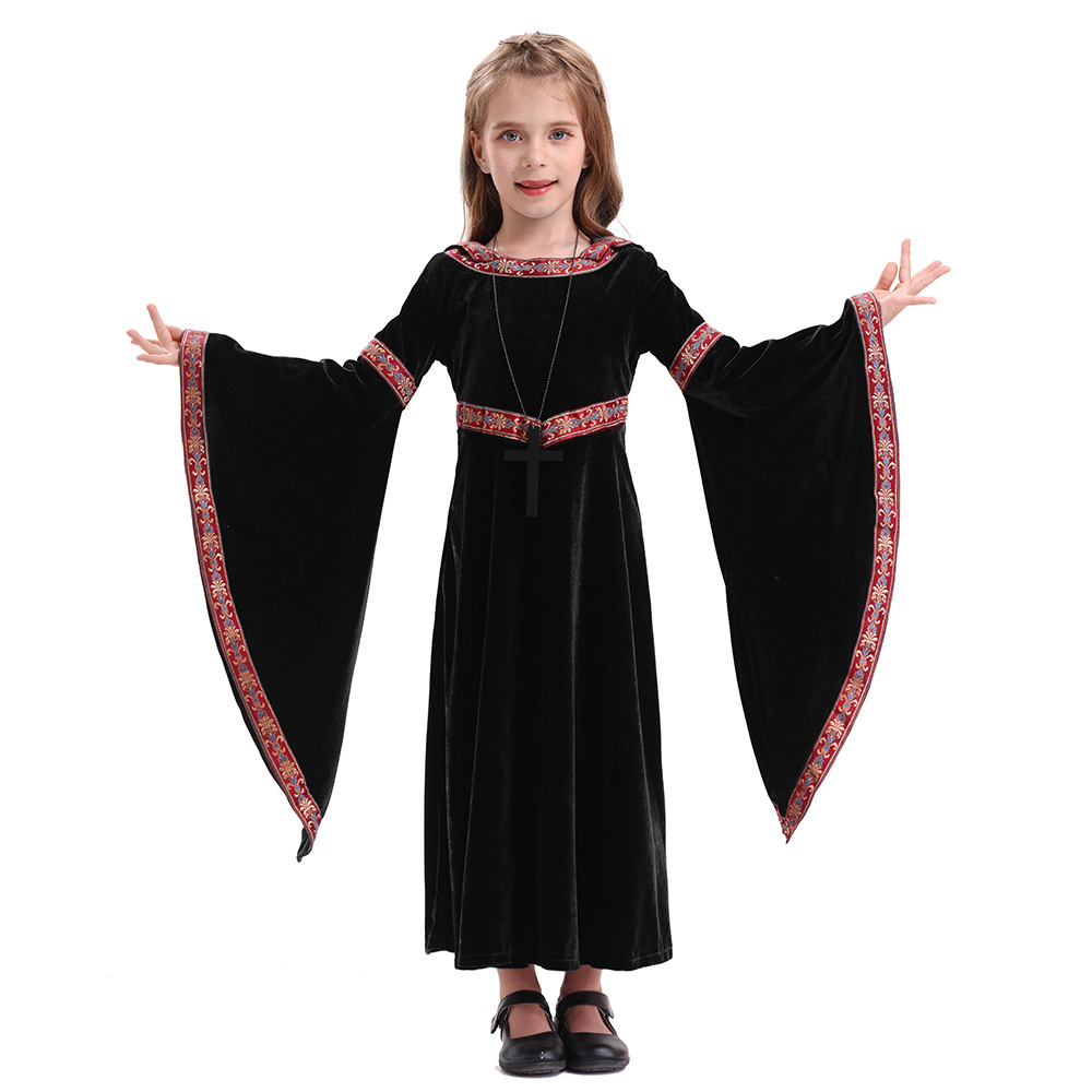 Traje de halloween traje da morte das crianças medieval retro gótico vampiro com capuz bruxa saia longa carnaval festa role play vestido: XS (equipamento de primeiros socorros) / Preto