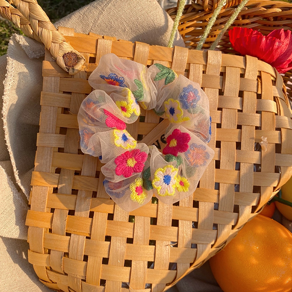 Daisy bandas elásticas para el cabello Scrunchie mujeres de malla, bordado Floral diademas para cabello para niñas Tie accesorios para el cabello, cuerda