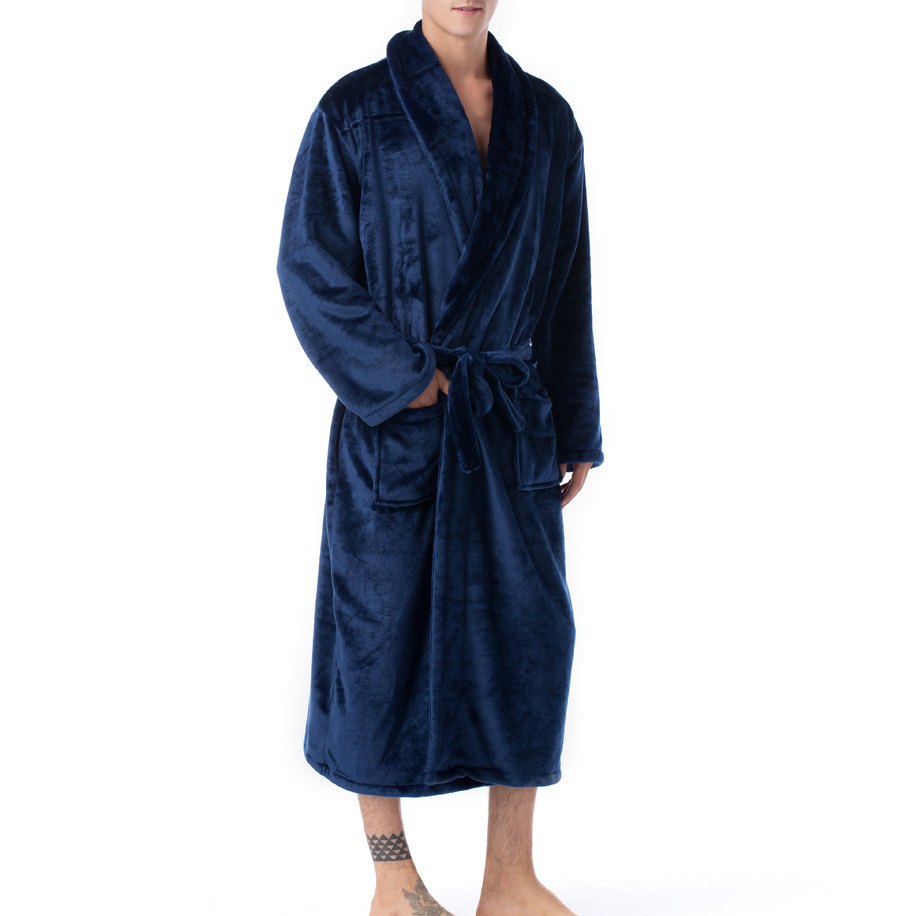 Afslappet mandlig morgenkåbe herre badekåber langærmet revers krave herre flannel morgenkåbe med bælte plys kimono varm mandlig badekåbe frakke: Marine blå / Xxl