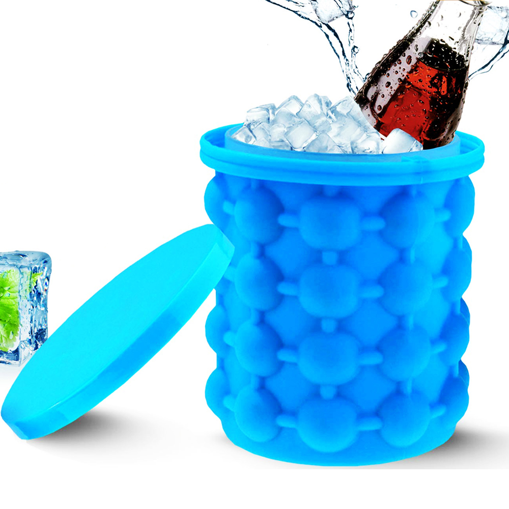 Molde portátil 2 en 1 de gran tamaño de silicona para cubitos de hielo con tapa, cubo ahorrador de espacio, utensilios para cocina y , artículos para bar