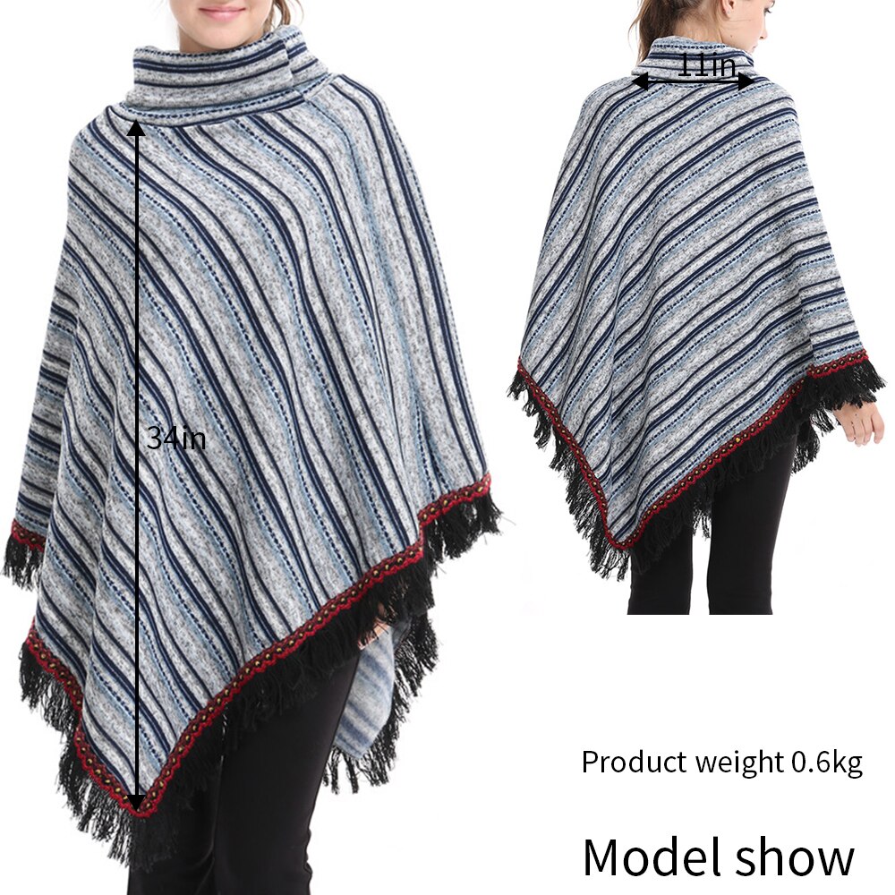 Vinter lang sektion høj krave jakke med frynser sjal løs jakke stribet tyk sweater efterår