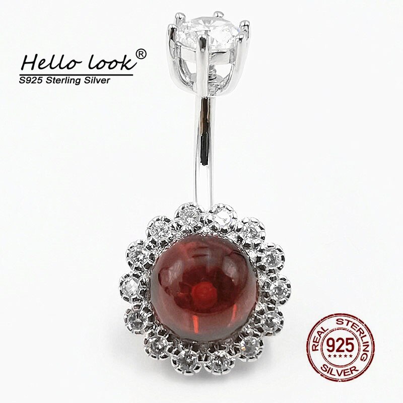HelloLook Garnet Barbell Navel Ring 925 Sterling Silver Navel Piercing Anti-Allergy Belly Button Ring Body Piercing Jewelry