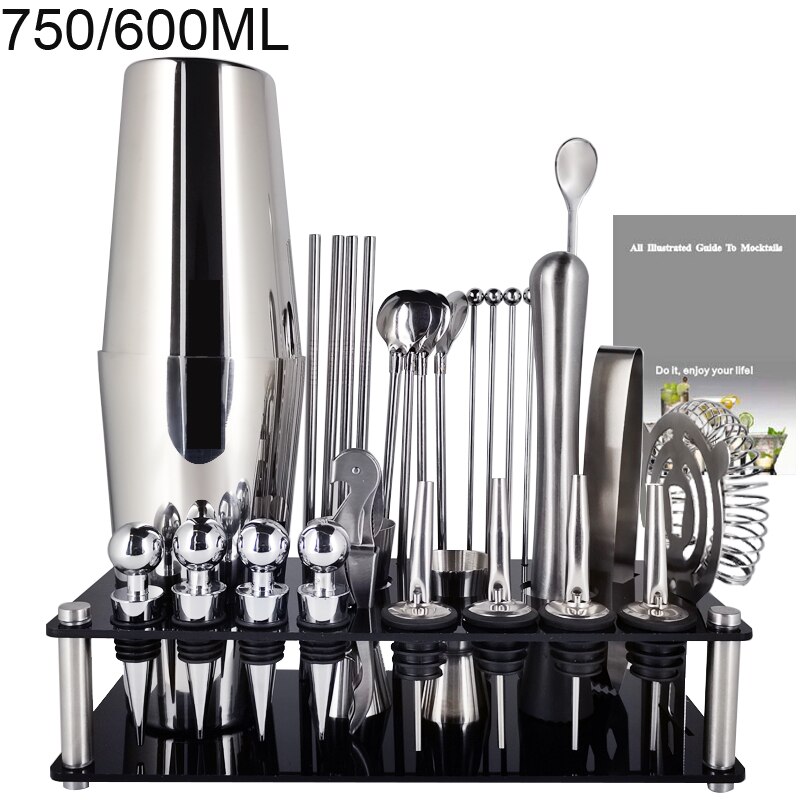 30Pcs/Set Bar Tools Wine Bottle Spoon Jigger Pourer Muddler Stopper Cocktail Shakers Boston Double Shaker With Black Stand: 30P 750600ML Stand