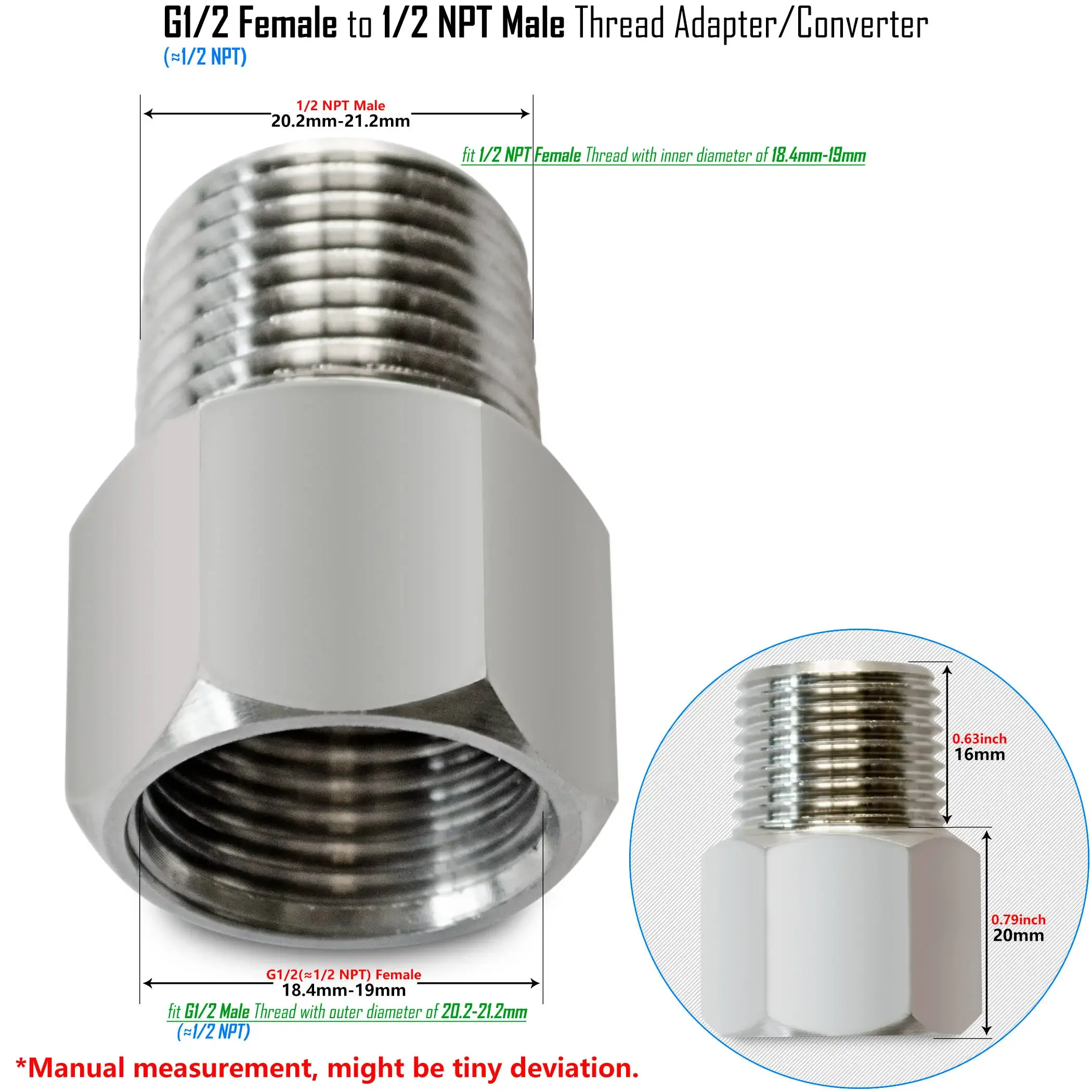 G1/2 to G3/8, 9/16-24 UNEF, 1/2 NPT Reducer Pipe Fittings Brass or Stainless Steel Threaded Water Hose Adapter Male Female