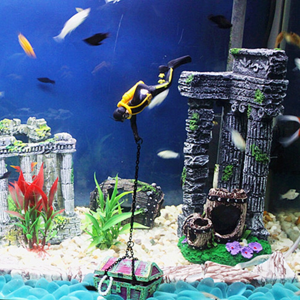 1Pc Aquarium Diver Treasure Action Chest Ornament for Fish Tank Air Au Hunter Underwater Landscape Ornaments