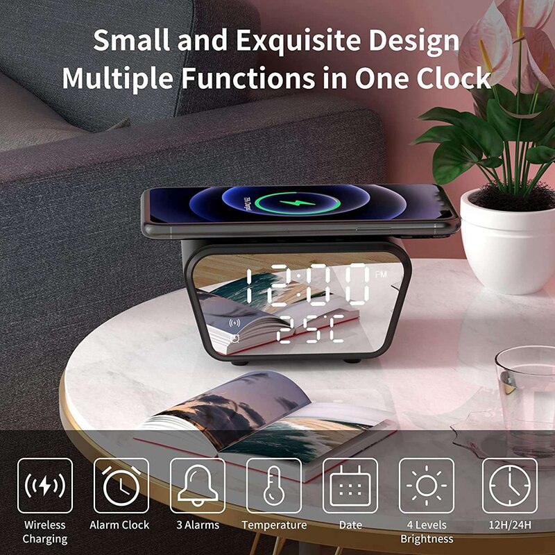 Alarm Clock with Wireless Charging - Alarm Clocks Bedside Mains Powered, 3 Alarms,LED Display with Time/Temperature/Date