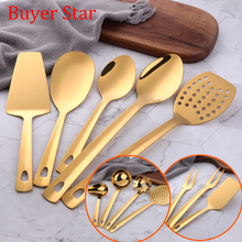 Gold Cooking Tools Set Stainless steel Soup Ladle Spatula Metal kitchenware Colander Rice Spoon Cake Shovel cookware